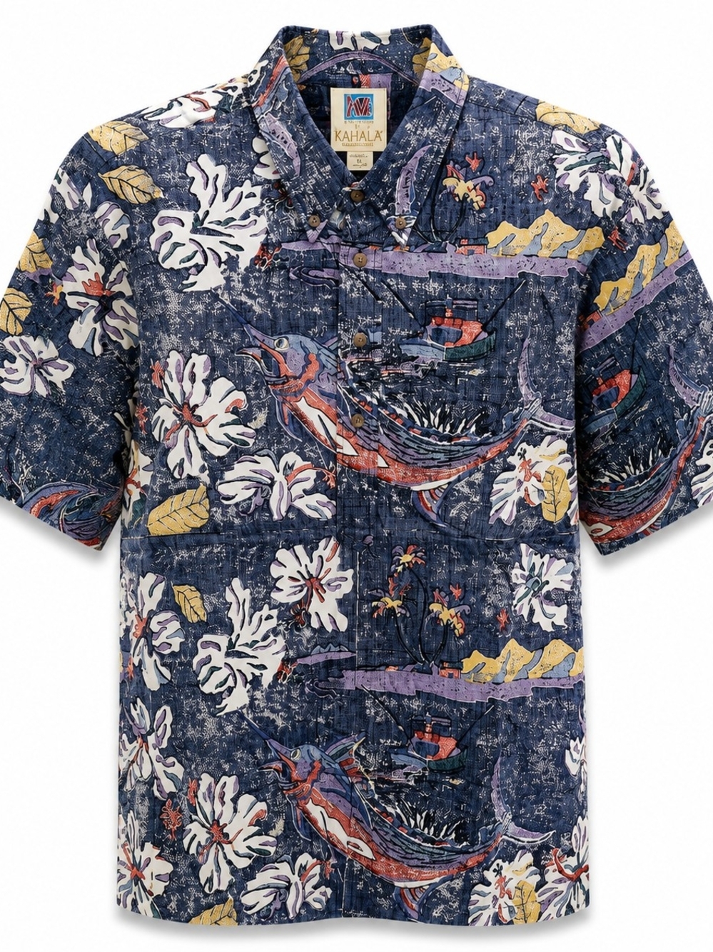 Kahala Men’s Navy Floral & Marlin Button-Down Camp Shirt